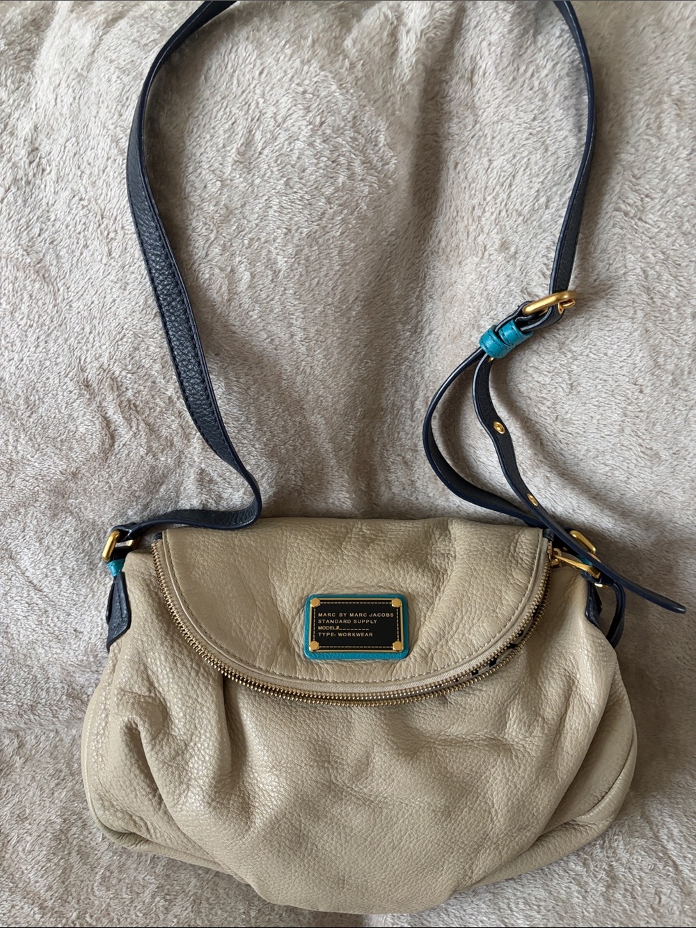 Marc by Marc Jacobs Beige Leather Crossbody with Navy Strap and Turquoise Trim